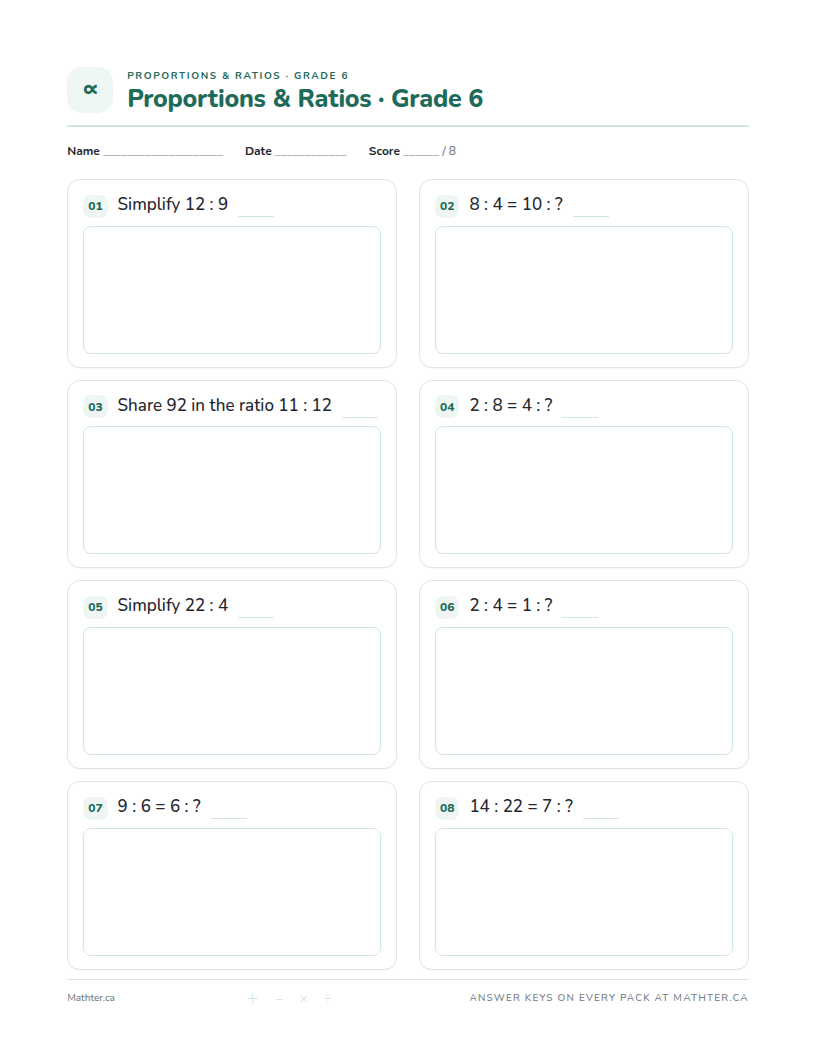 Advanced Grade 6 proportions & ratios worksheet, page one