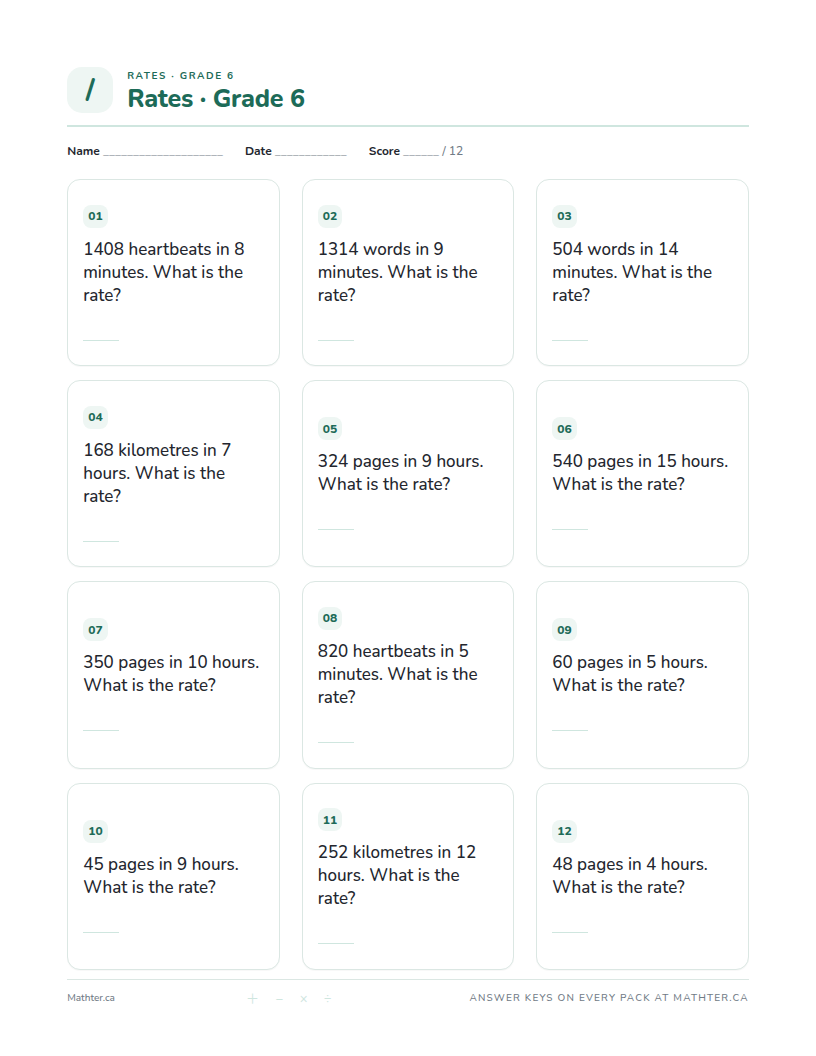 Advanced Grade 6 rates worksheet, page one