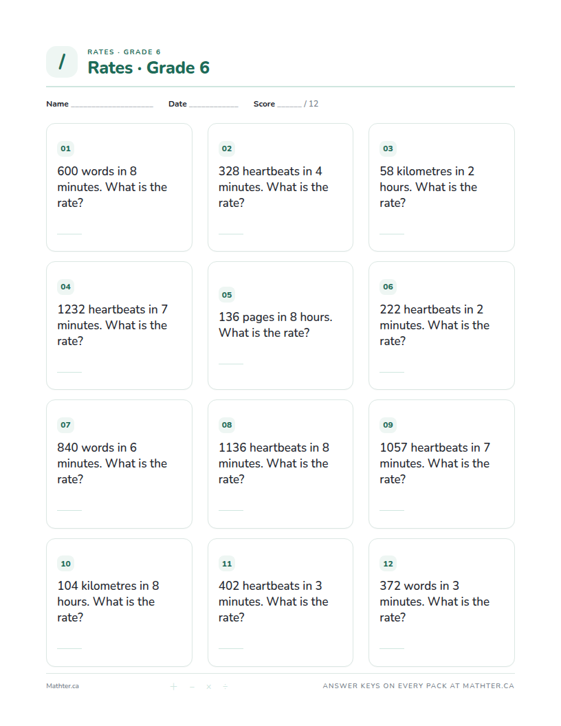 Intermediate Grade 6 rates worksheet, page one
