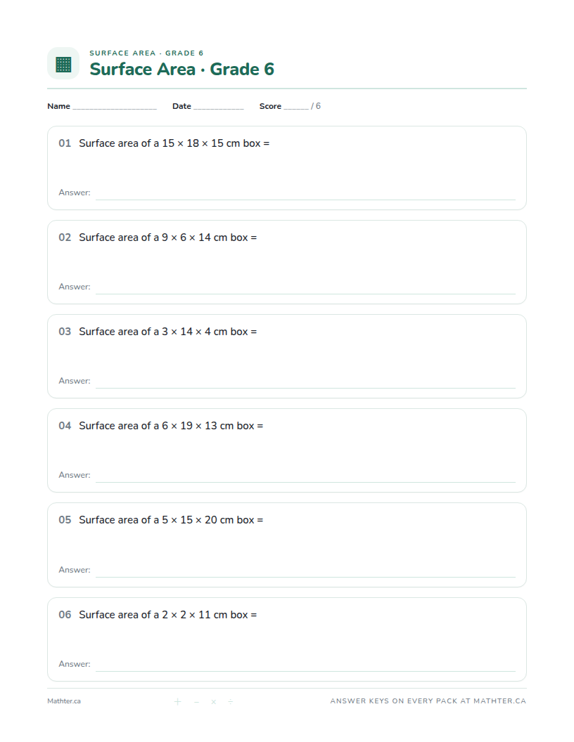 Advanced Grade 6 surface area worksheet, page one