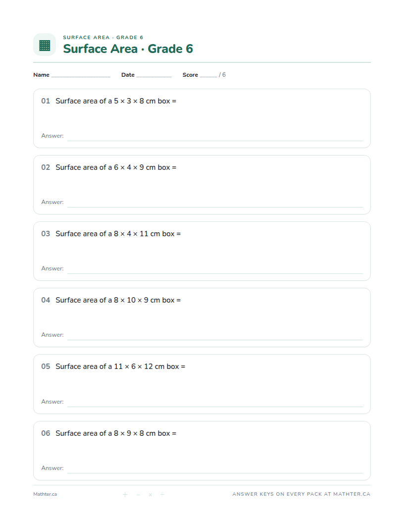 Intermediate Grade 6 surface area worksheet, page one