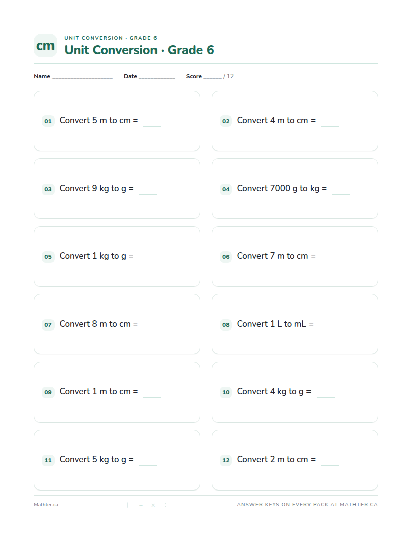 Beginner Grade 6 unit conversion worksheet, page one