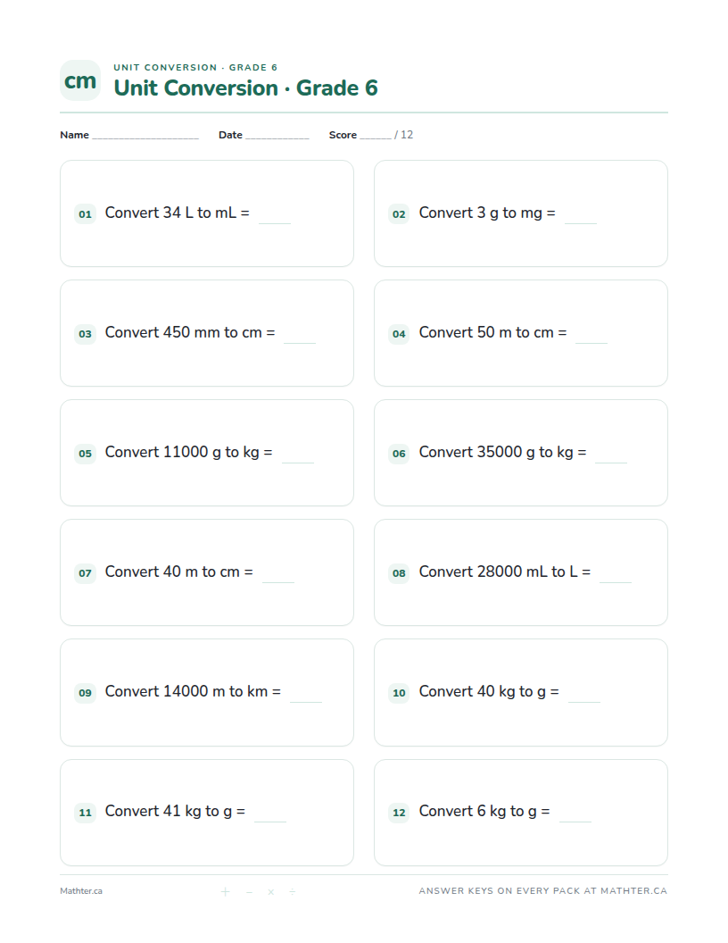 Advanced Grade 6 unit conversion worksheet, page one