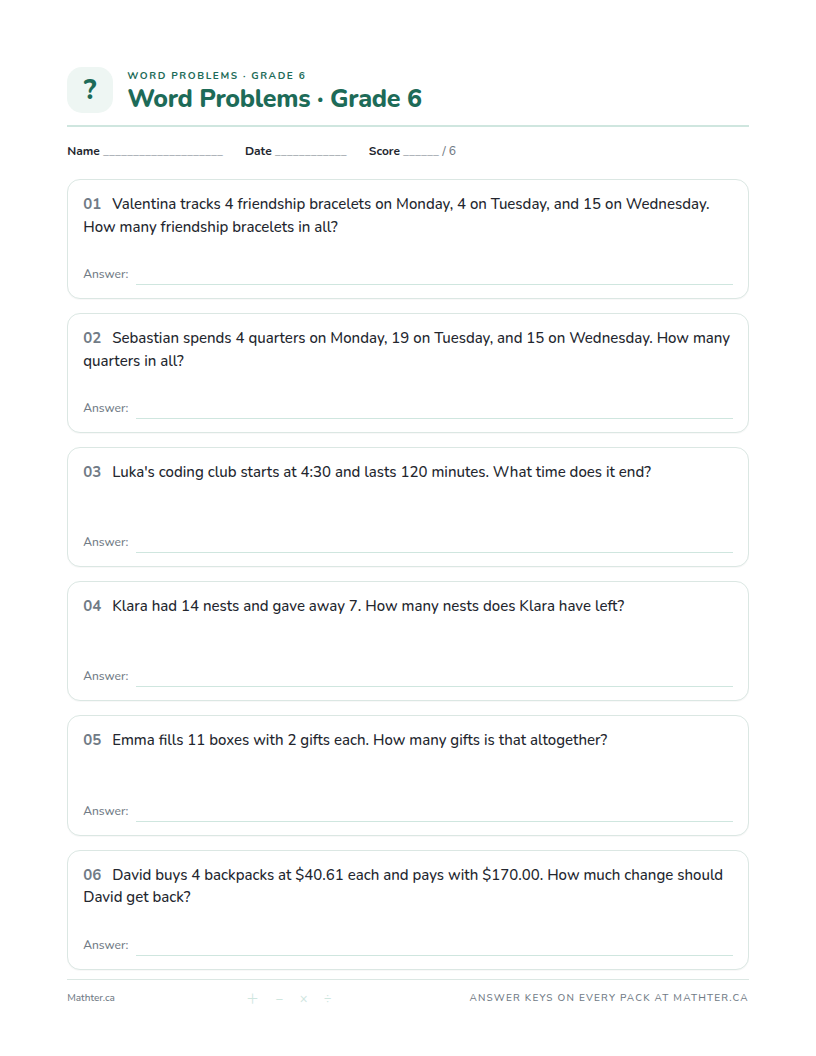 Beginner Grade 6 word problem worksheet, page one