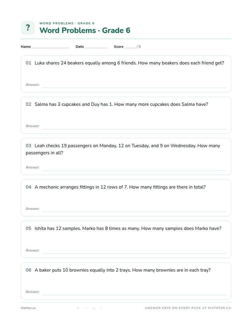 Advanced Grade 6 word problem worksheet, page one