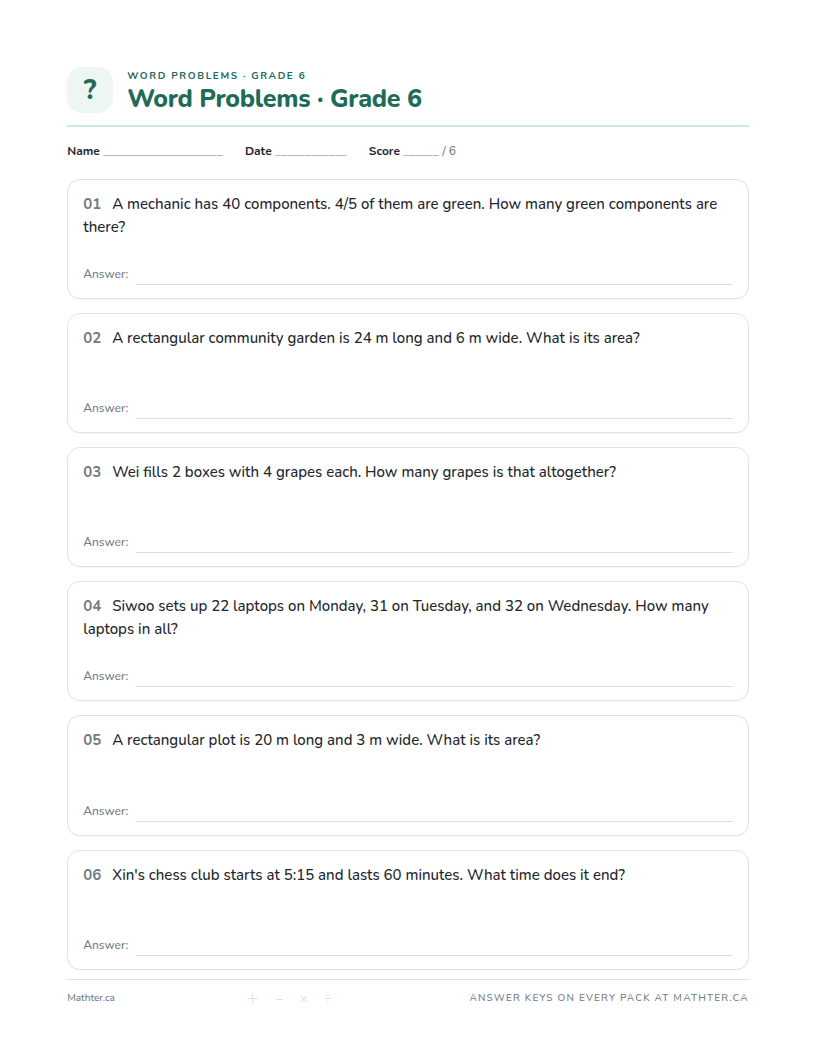 Intermediate Grade 6 word problem worksheet, page one