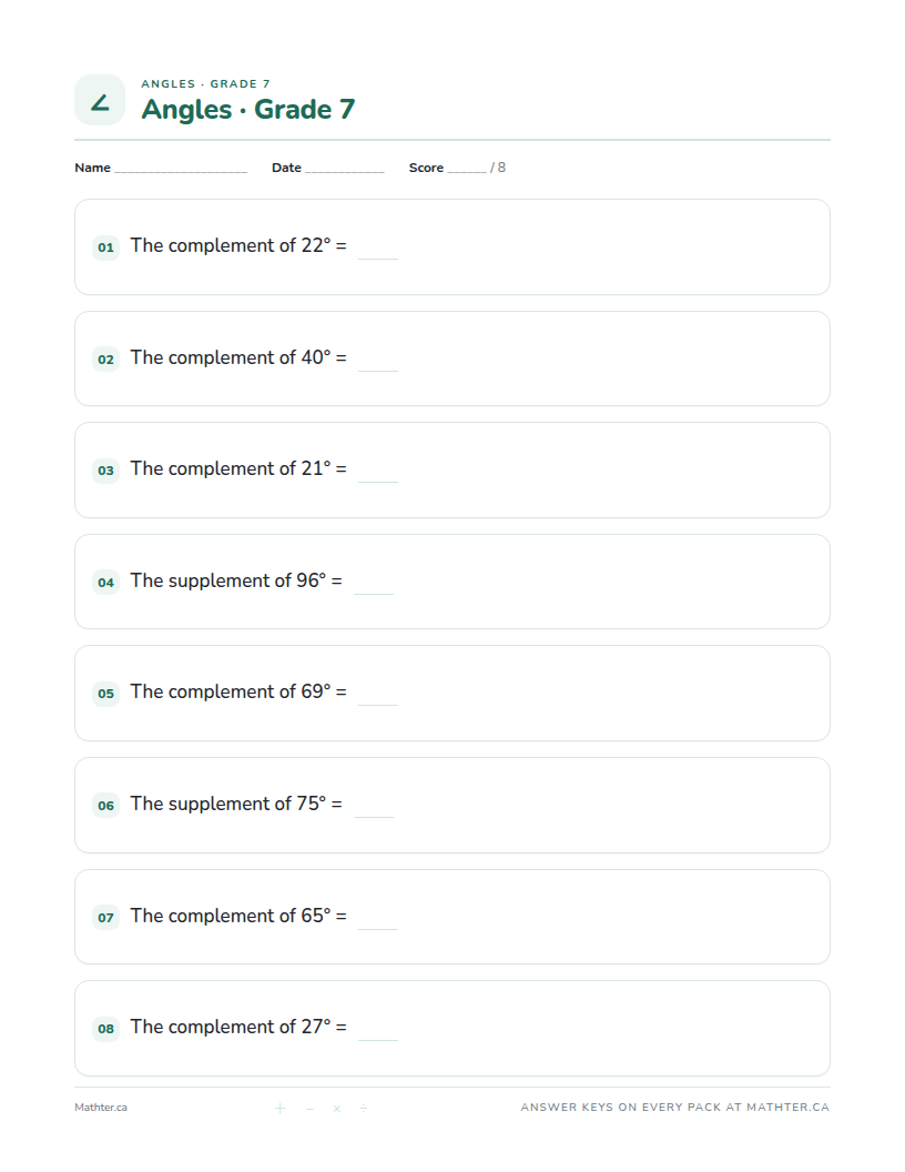 Beginner Grade 7 angles worksheet, page one