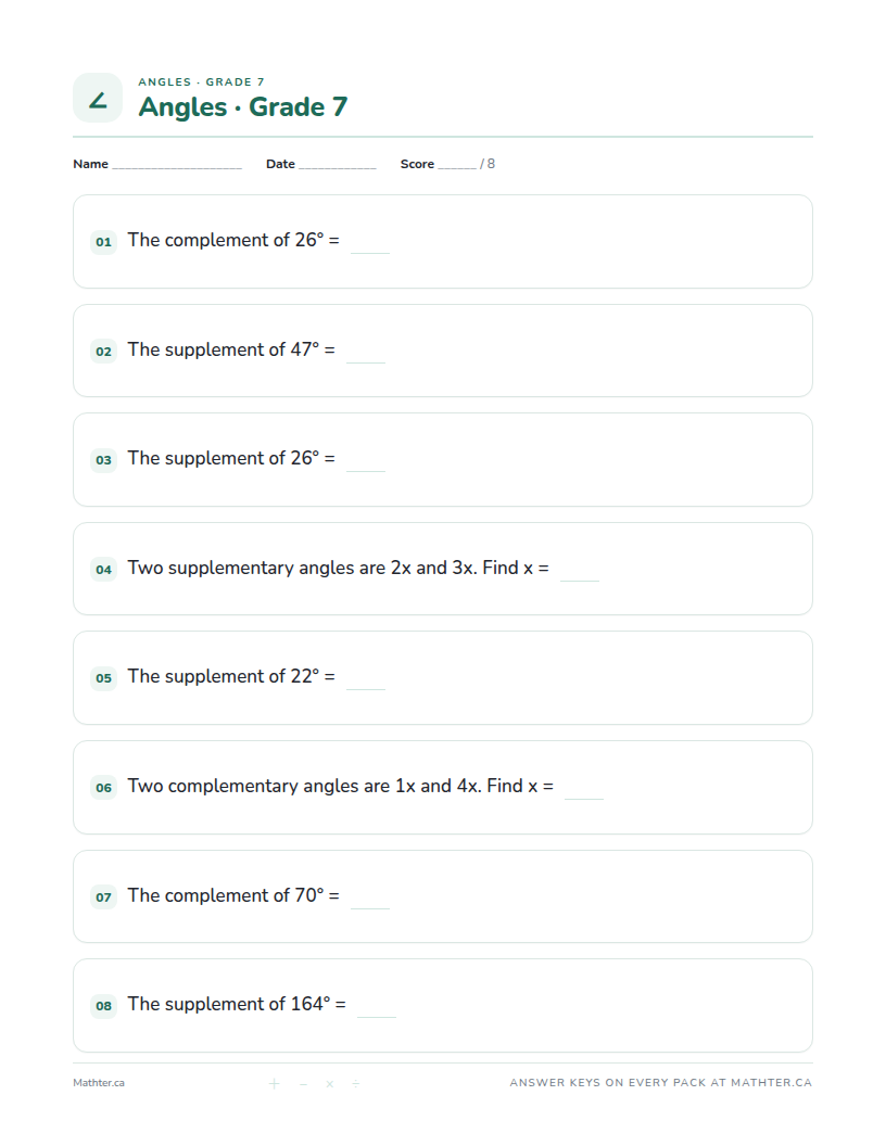 Advanced Grade 7 angles worksheet, page one