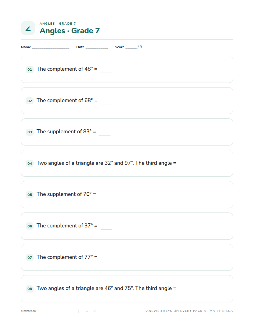 Intermediate Grade 7 angles worksheet, page one