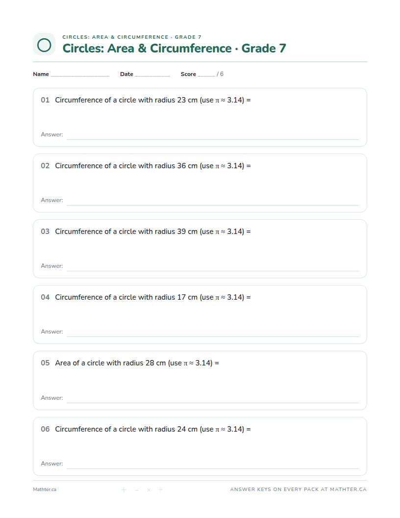 Advanced Grade 7 circle worksheet, page one