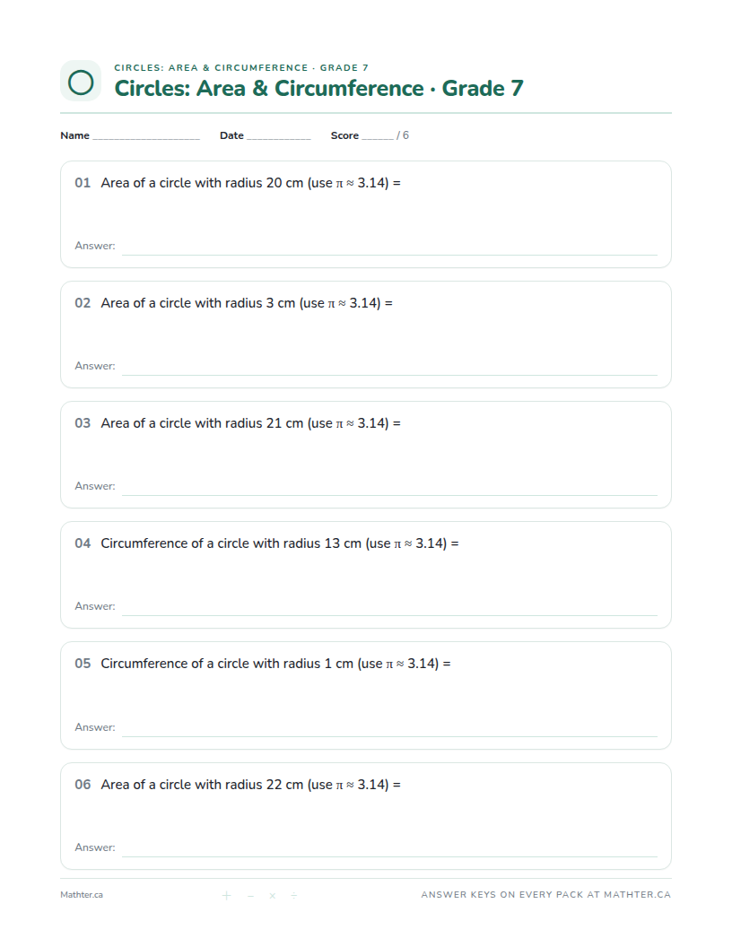 Intermediate Grade 7 circle worksheet, page one