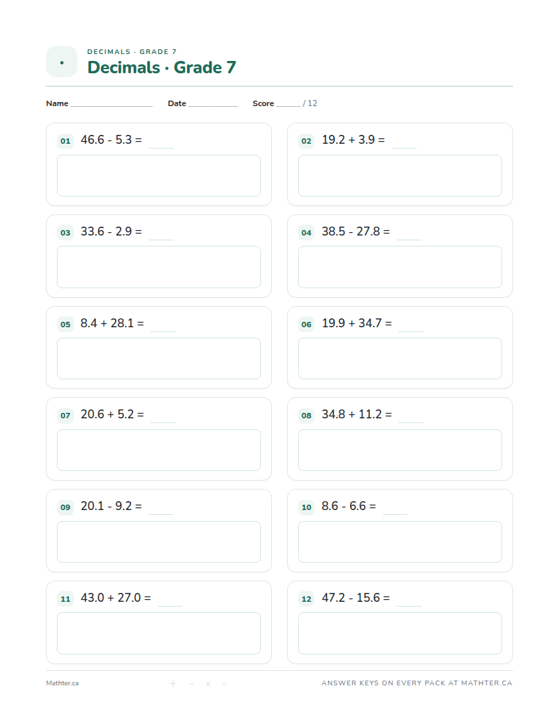 Beginner Grade 7 decimal worksheet, page one
