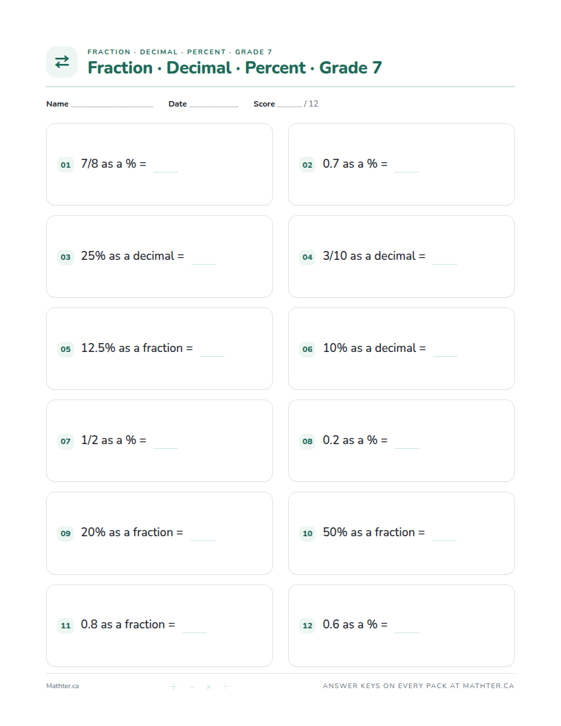 Intermediate Grade 7 fraction, decimal & percent worksheet, page one