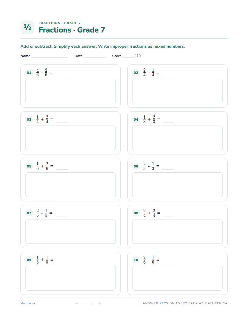 Beginner Grade 7 fraction worksheet, page one