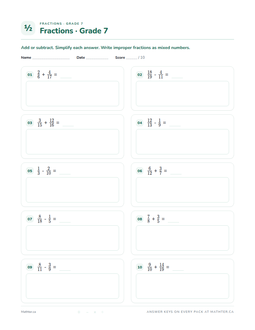 Advanced Grade 7 fraction worksheet, page one