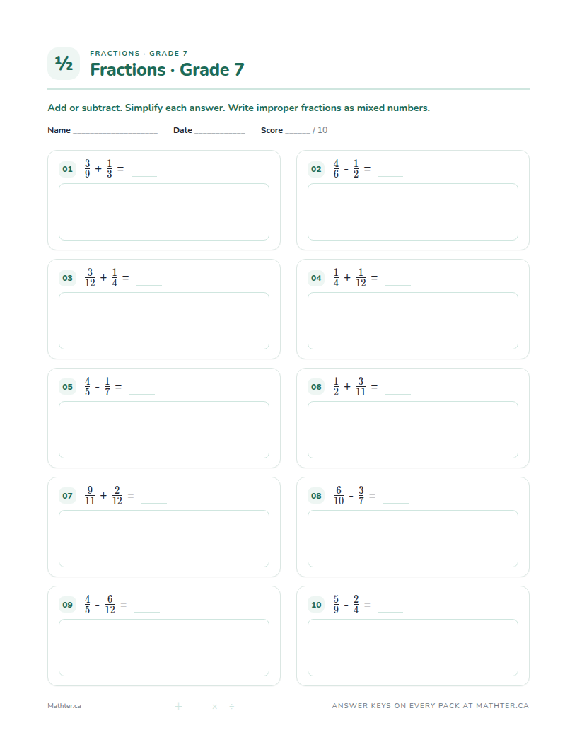 Intermediate Grade 7 fraction worksheet, page one