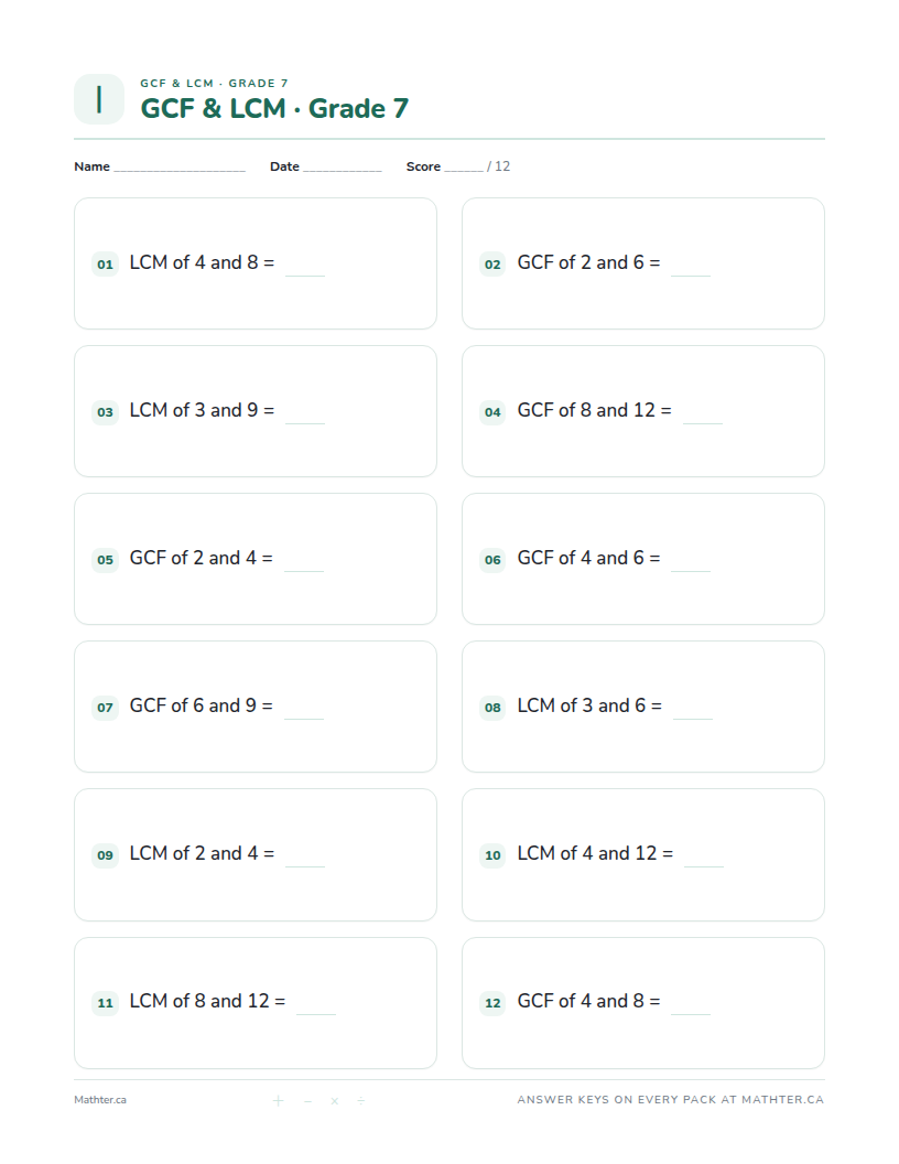Beginner Grade 7 gcf & lcm worksheet, page one