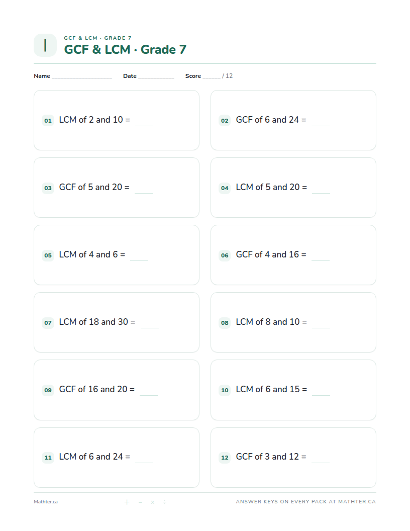 Intermediate Grade 7 gcf & lcm worksheet, page one