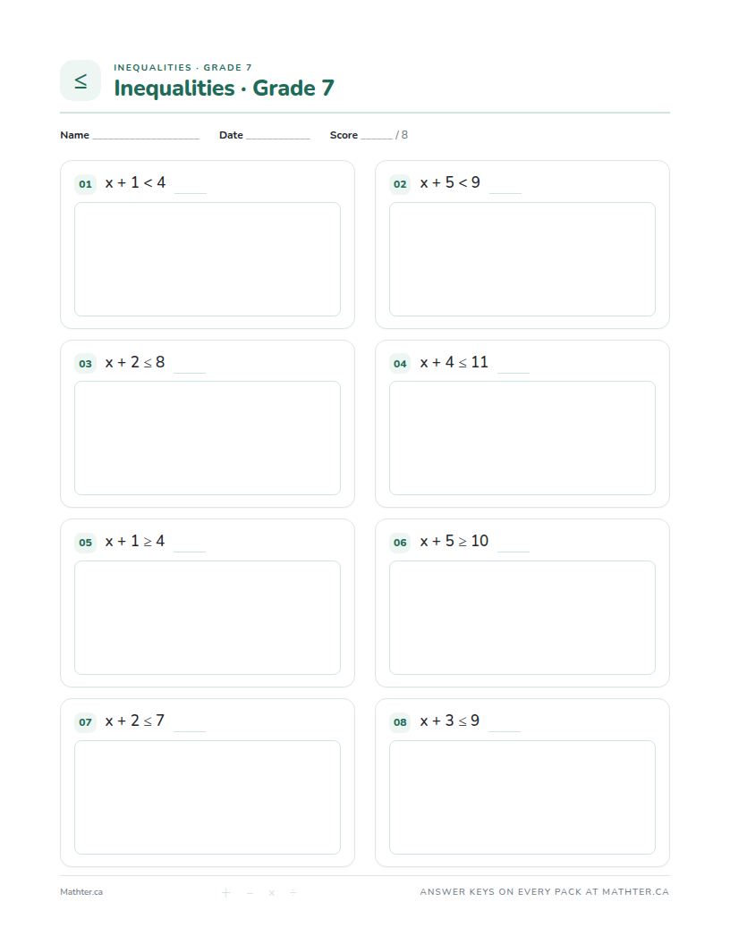 Beginner Grade 7 inequalities worksheet, page one