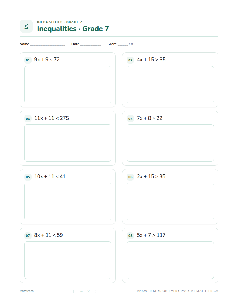 Advanced Grade 7 inequalities worksheet, page one
