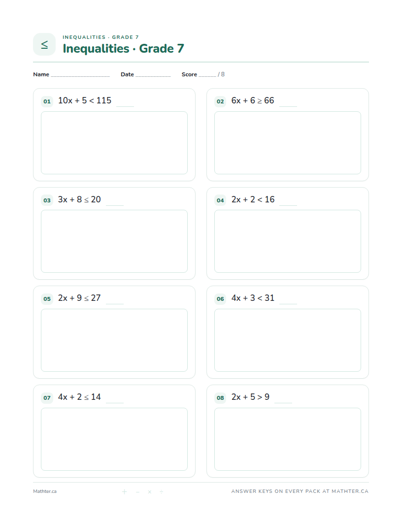 Intermediate Grade 7 inequalities worksheet, page one