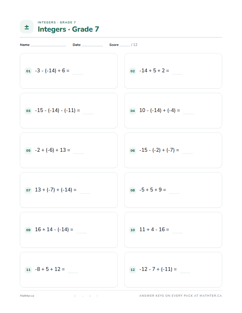 Advanced Grade 7 integer worksheet, page one