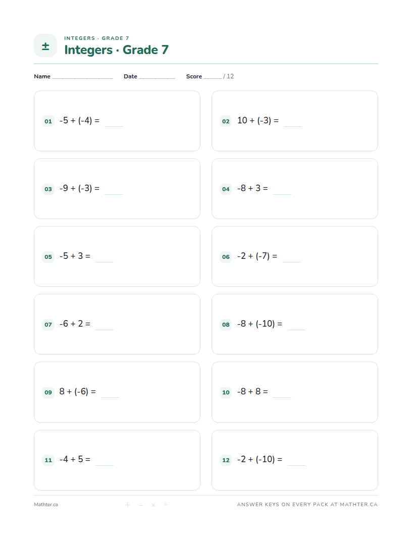 Intermediate Grade 7 integer worksheet, page one