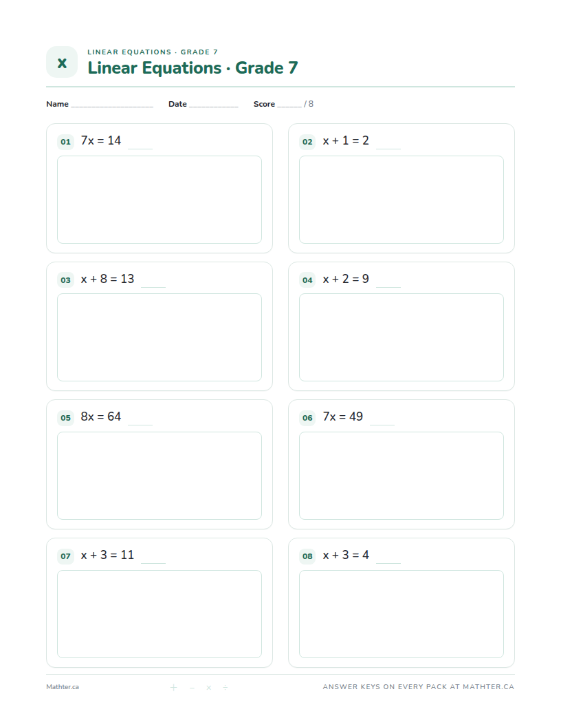 Beginner Grade 7 linear equations worksheet, page one