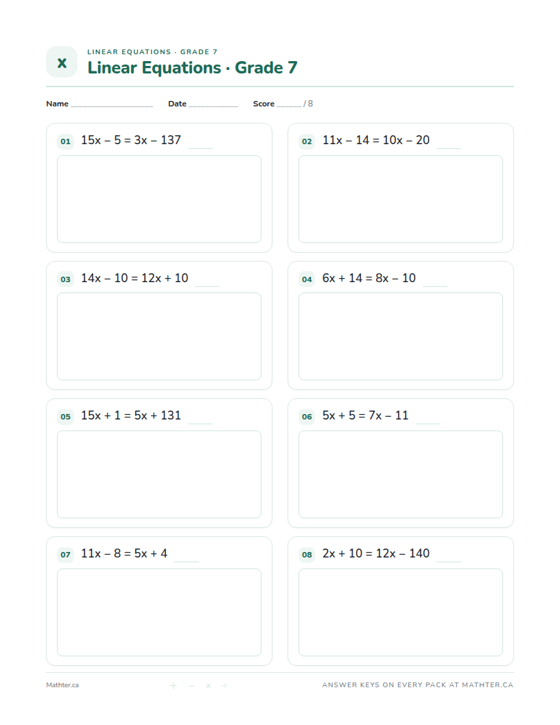 Advanced Grade 7 linear equations worksheet, page one