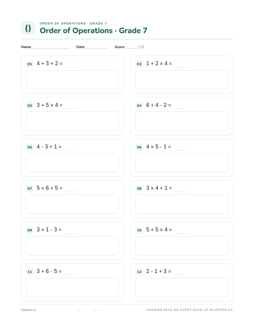 Beginner Grade 7 order of operations worksheet, page one