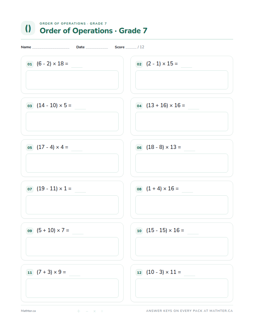 Advanced Grade 7 order of operations worksheet, page one