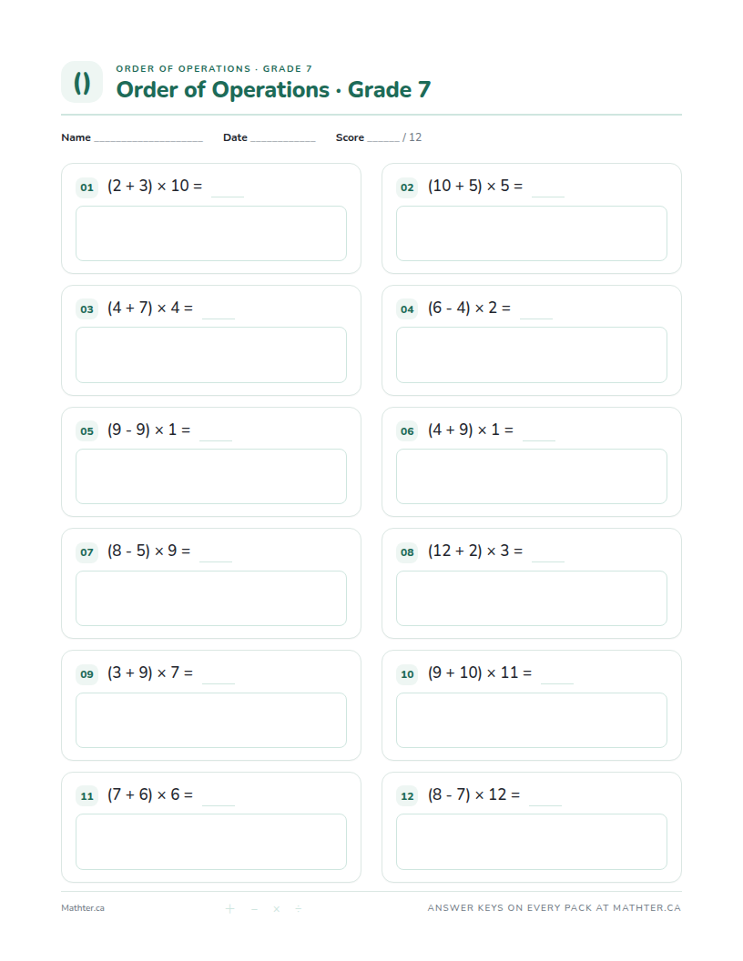 Intermediate Grade 7 order of operations worksheet, page one