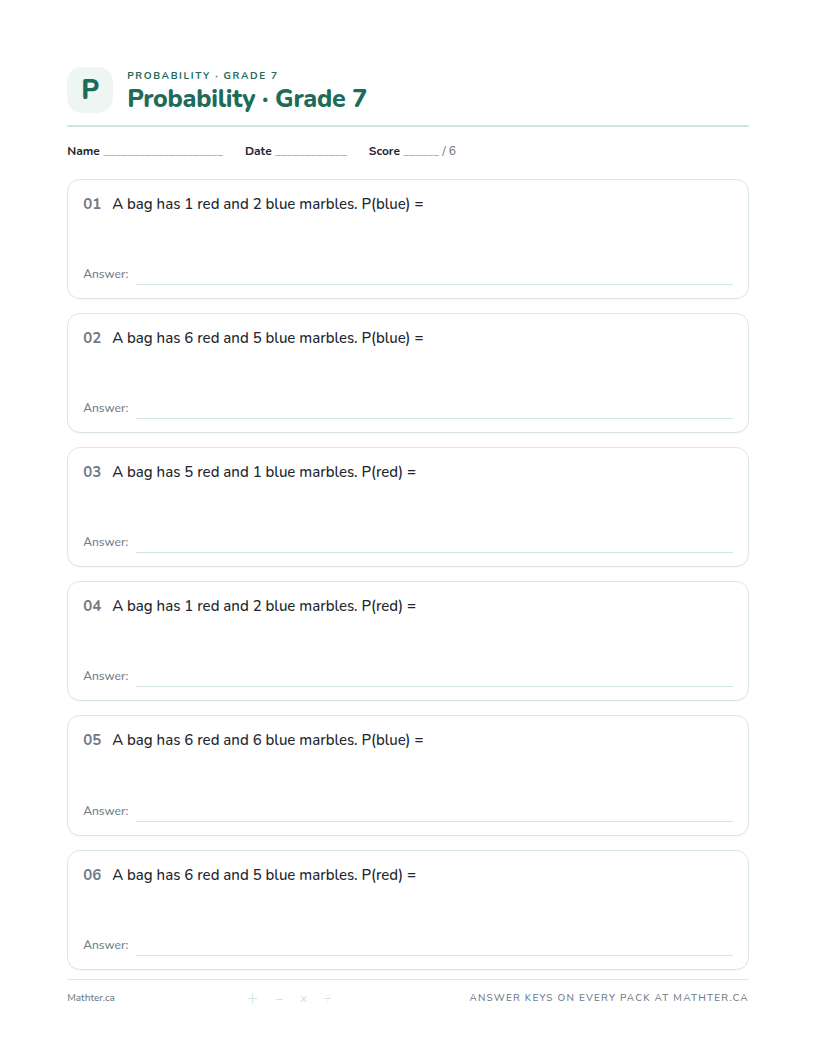 Beginner Grade 7 probability worksheet, page one
