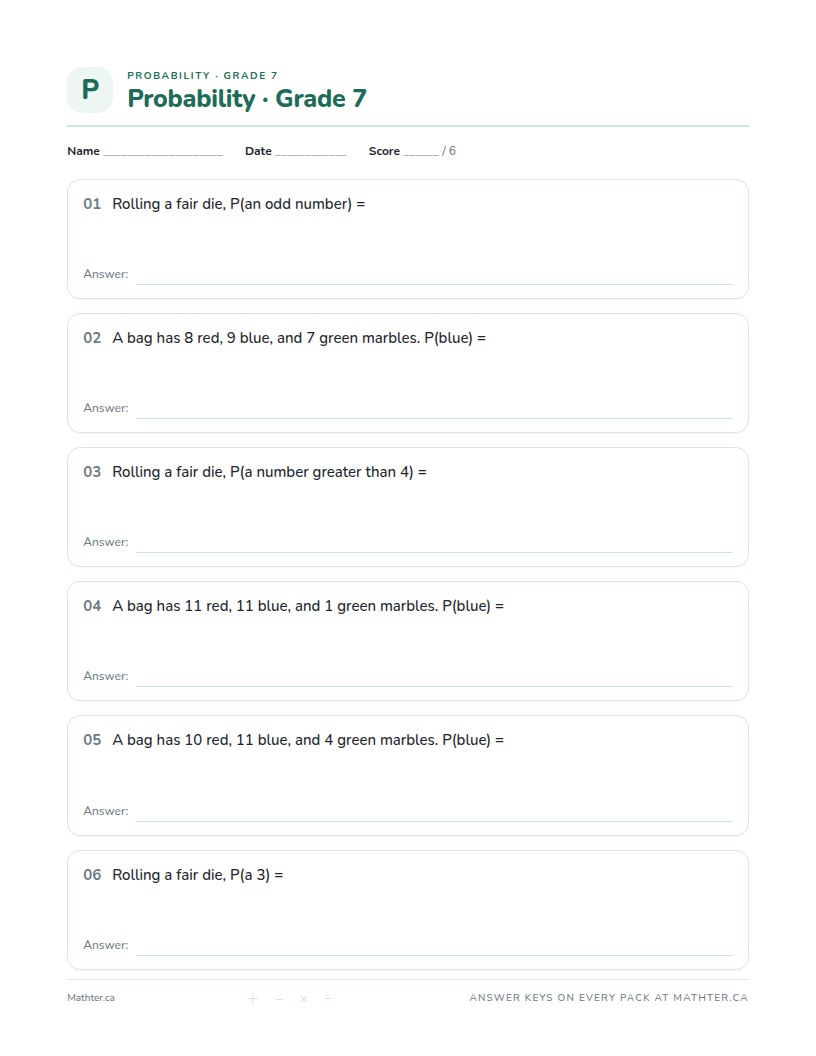 Advanced Grade 7 probability worksheet, page one