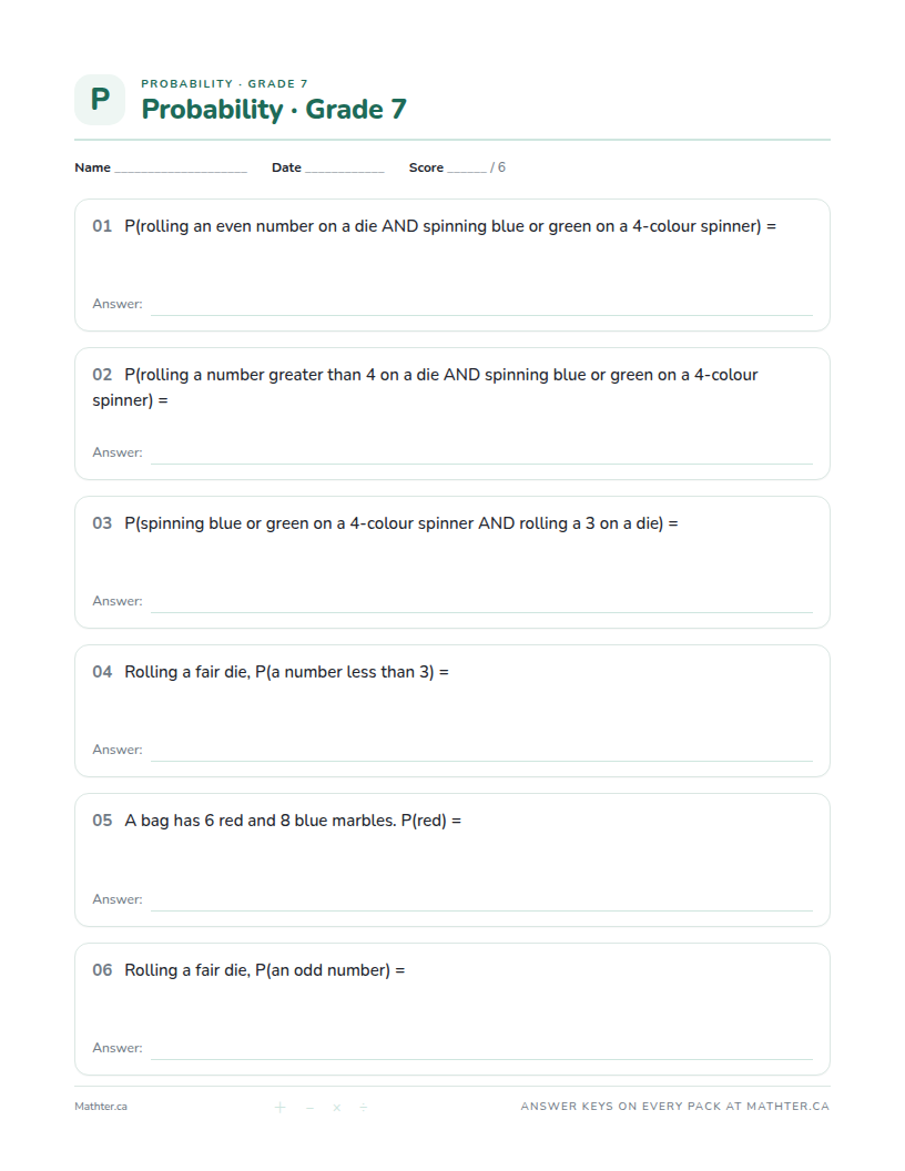 Intermediate Grade 7 probability worksheet, page one
