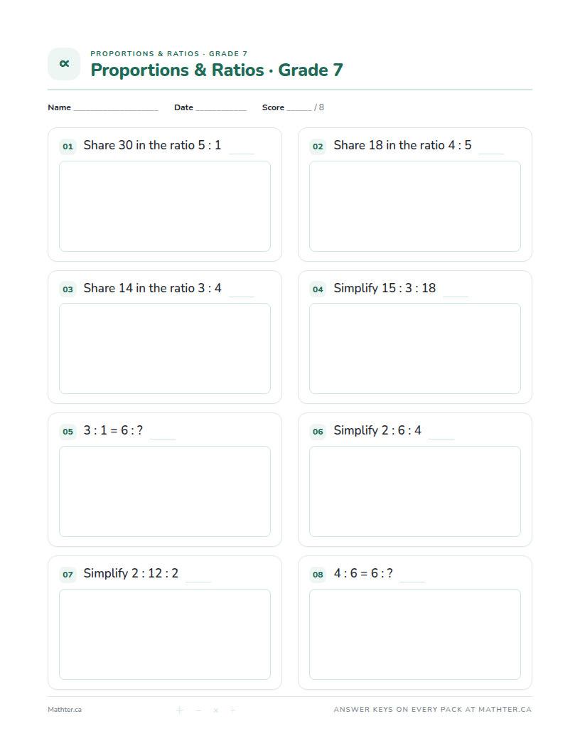 Beginner Grade 7 proportions & ratios worksheet, page one