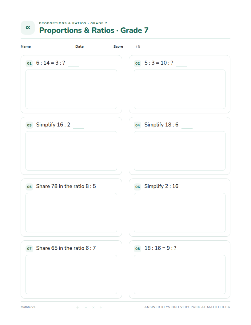 Intermediate Grade 7 proportions & ratios worksheet, page one