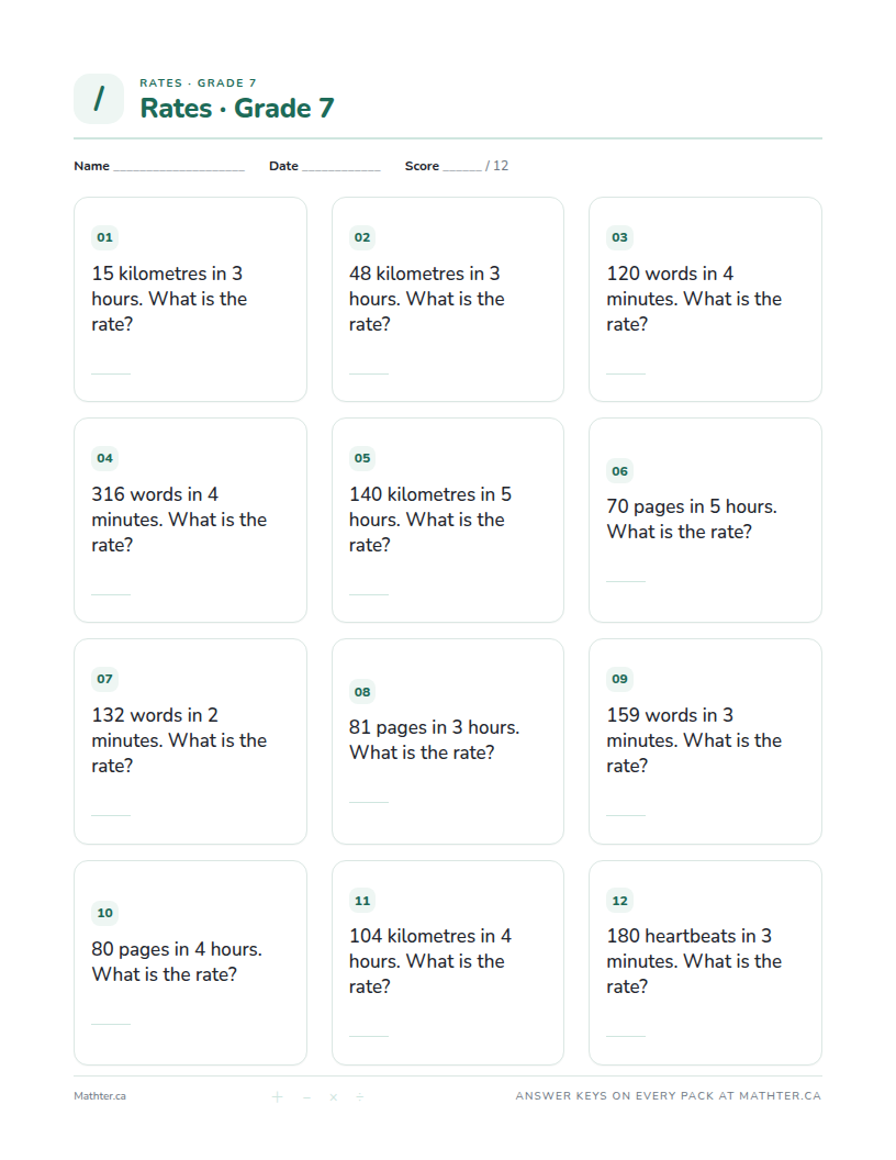 Beginner Grade 7 rates worksheet, page one