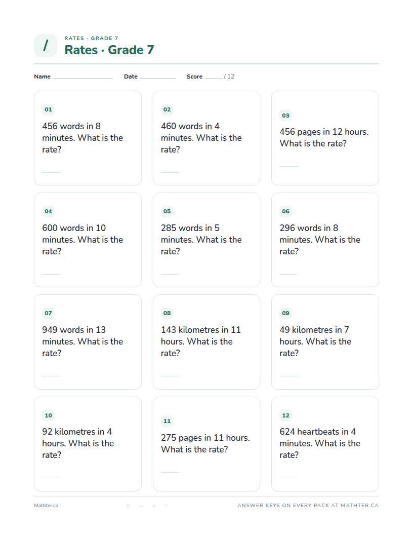 Advanced Grade 7 rates worksheet, page one