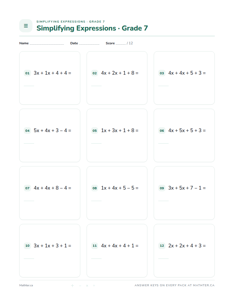 Beginner Grade 7 simplifying expressions worksheet, page one