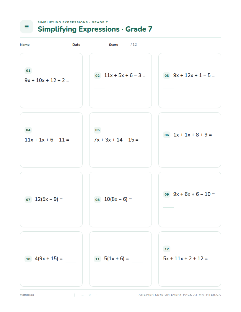 Advanced Grade 7 simplifying expressions worksheet, page one