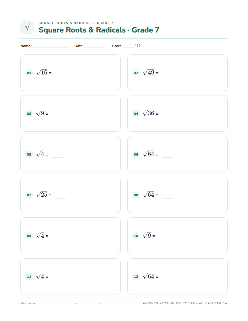 Beginner Grade 7 square root & radical worksheet, page one