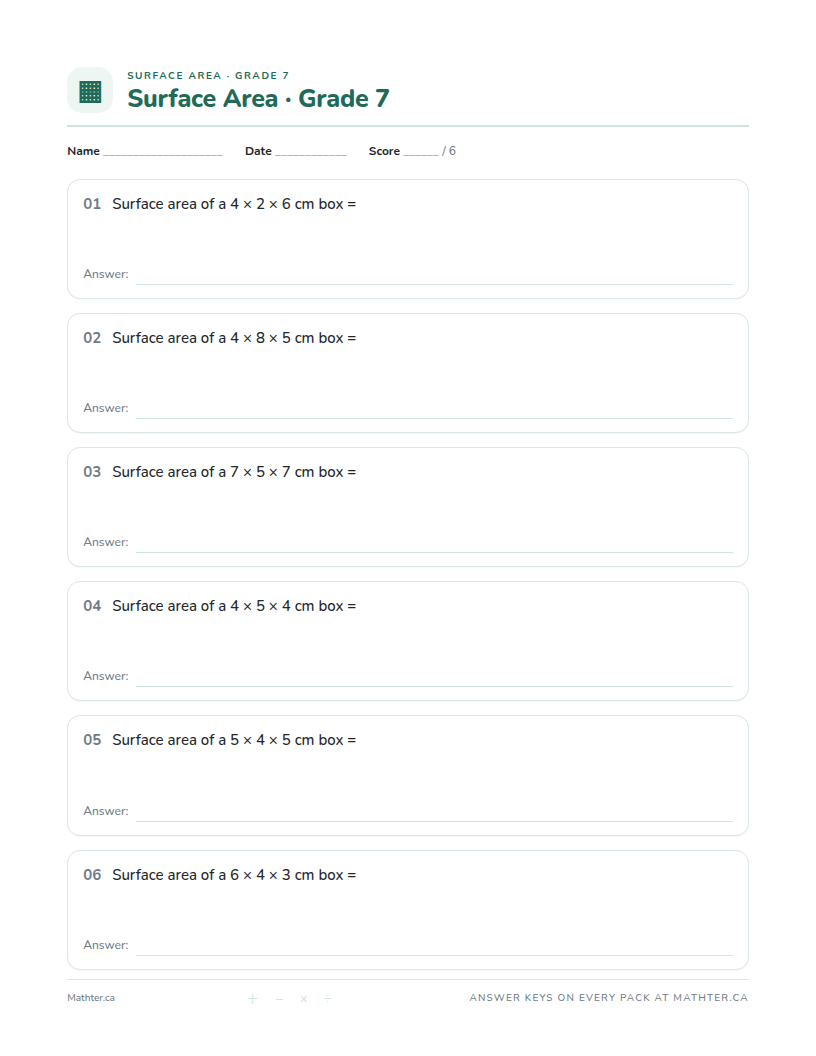 Beginner Grade 7 surface area worksheet, page one