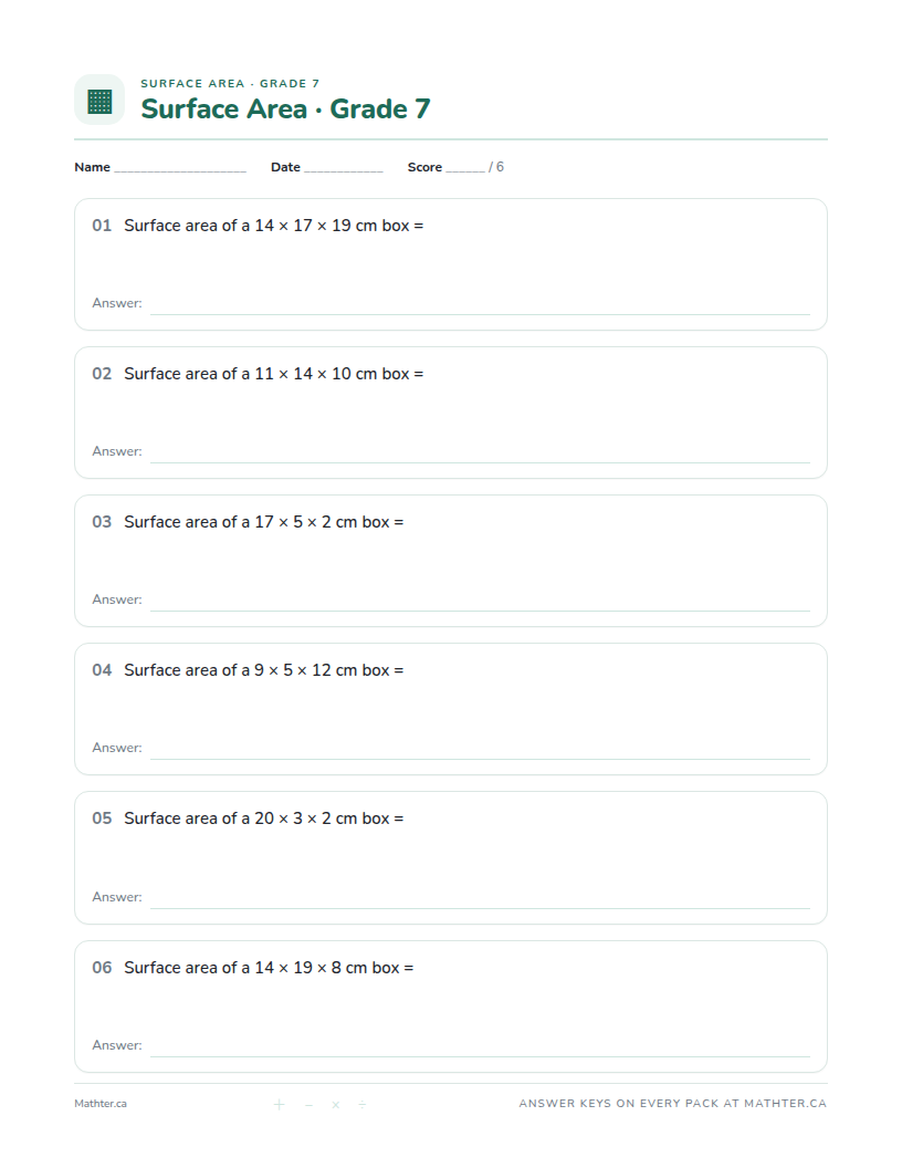 Advanced Grade 7 surface area worksheet, page one