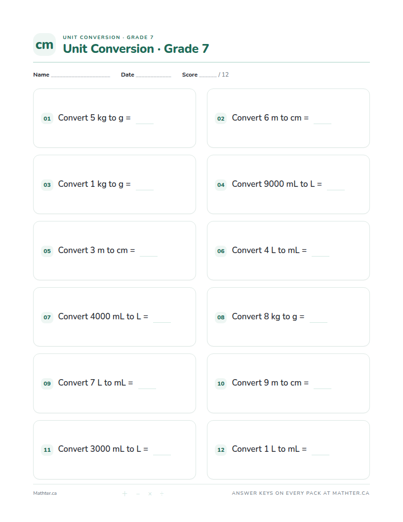 Beginner Grade 7 unit conversion worksheet, page one