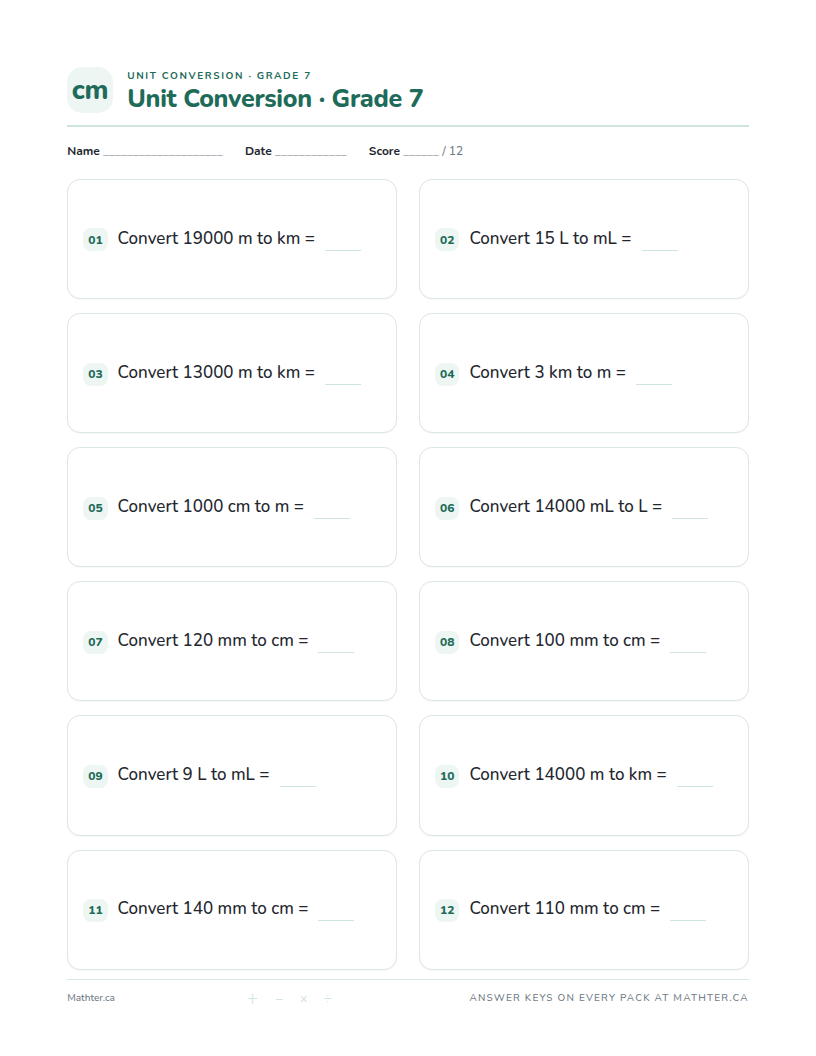 Intermediate Grade 7 unit conversion worksheet, page one
