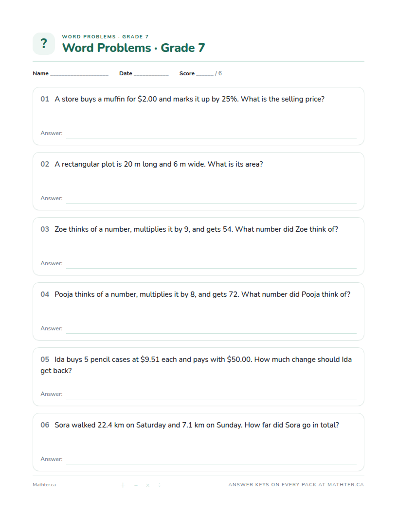 Beginner Grade 7 word problem worksheet, page one