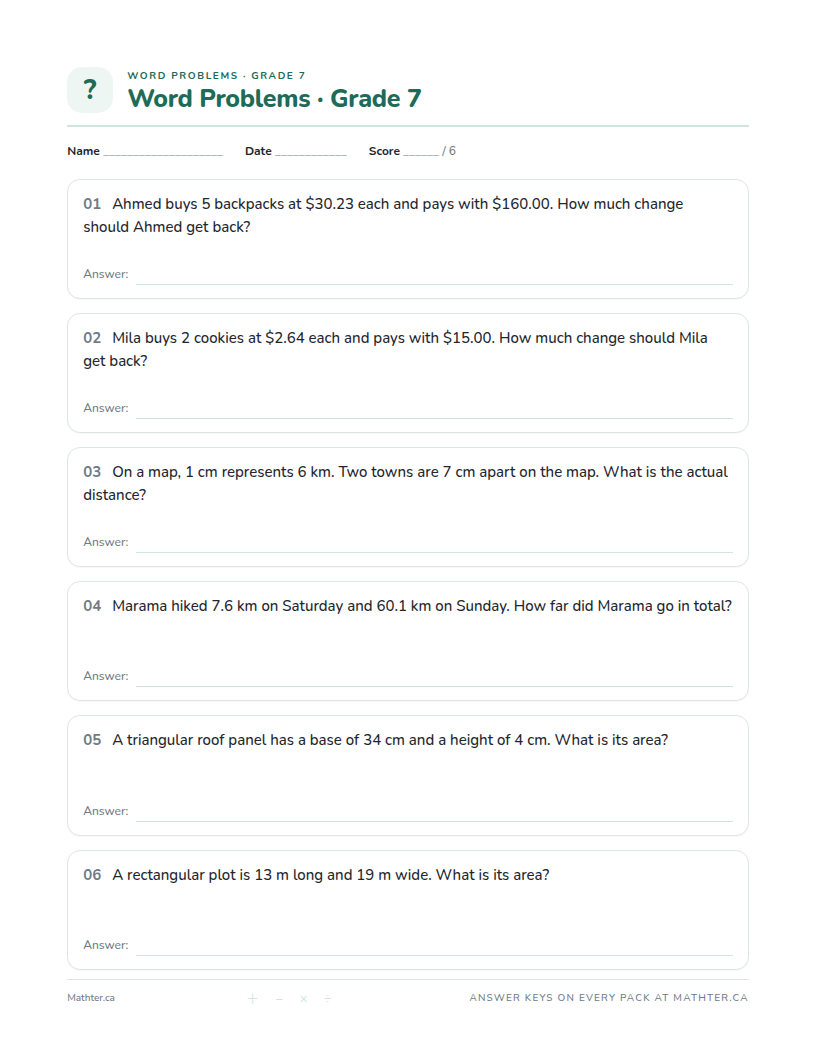 Advanced Grade 7 word problem worksheet, page one
