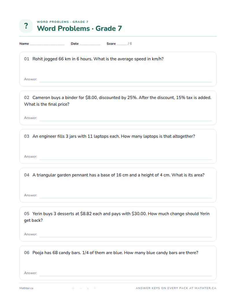 Intermediate Grade 7 word problem worksheet, page one