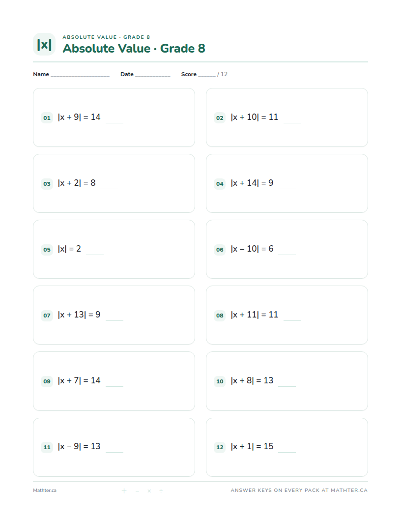 Advanced Grade 8 absolute value worksheet, page one